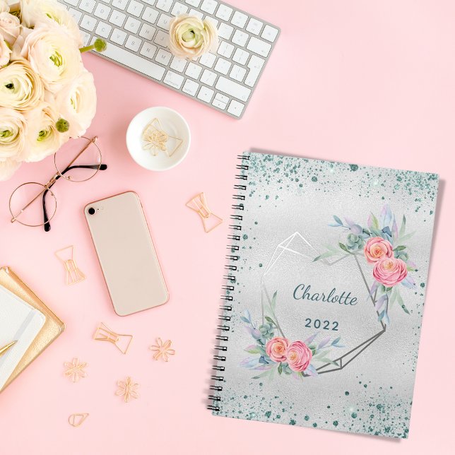 Caderno Espiral Silver florals verde brilho brilho (Criador carregado)