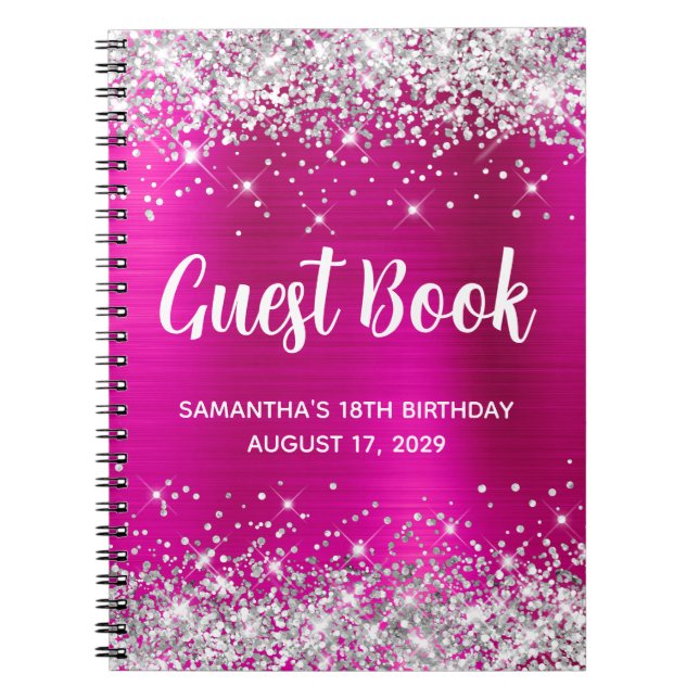Caderno Espiral Silver Glitter Hot Pink 18th Birthday Guestbook (Frente)
