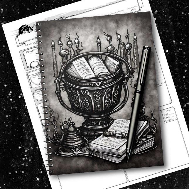 Caderno Espiral Silvery Steampunk Cauldron Spellbooks and Potions (Criador carregado)