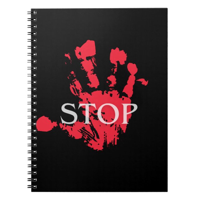 Caderno Espiral Símbolo de Alerta "STOP" com Impressão de Mão Verm (Frente)