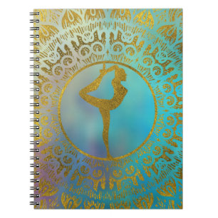 Caderno Espiral Símbolo de Asana da ioga na mandala Dourado