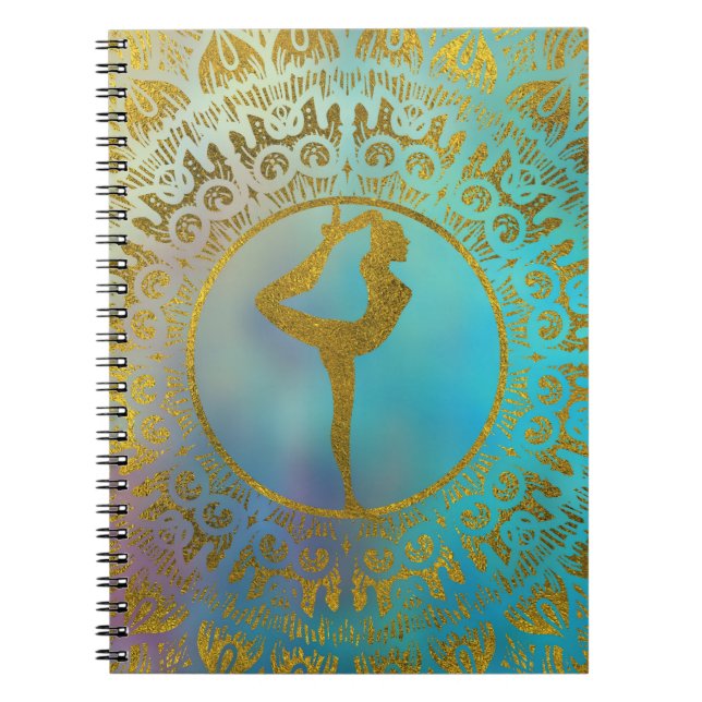 Caderno Espiral Símbolo de Asana da ioga na mandala Dourado (Frente)