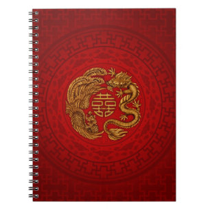 Caderno Espiral Símbolo de Felicidade Dupla com Phoenix e Dragon