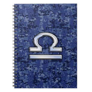 Caderno Espiral Símbolo Libra Zodiac na Camuflagem Digital Azul