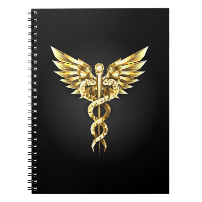 Caderno Espiral Símbolo Poligonal Dourado Caduceus (Frente)