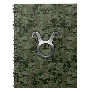Caderno Espiral Símbolo Taurus Zodíaco na Camo Digital Verde