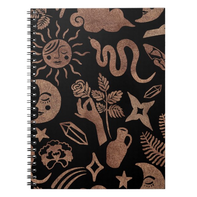Caderno Espiral Símbolos místicos: cobra, sol, lua. (Frente)