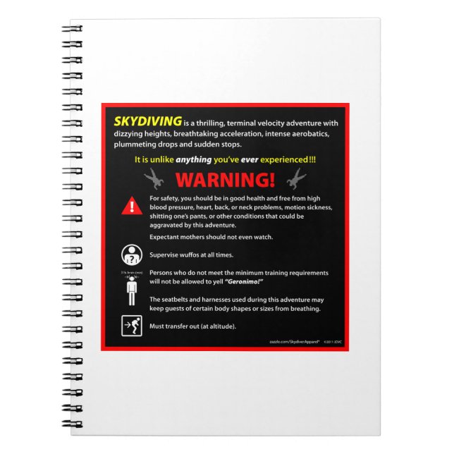 Caderno Espiral Sinal de Aviso do Parque de Tema SKYDIVING (Frente)