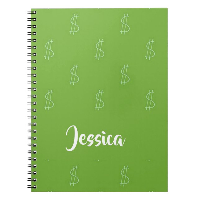 Caderno Espiral Sinal de dólar branco em verde (Frente)
