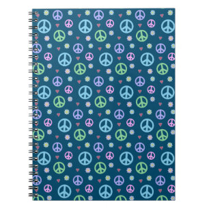 Caderno Espiral Sinal de Paz Divertido e Elegante, Flores e Coraçõ