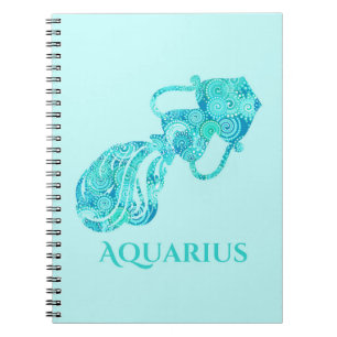 Caderno Espiral Sinal de Zodiac para Aquário em um Padrão Turquesa