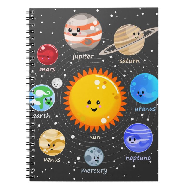 Caderno Espiral Sistema solar gráfico de estrelas de planetas feli (Frente)