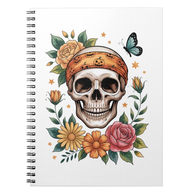 Caderno Espiral Skull Floral Halloween Spooky (Frente)