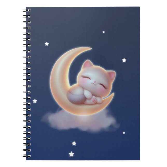 Caderno Espiral Sleeping Kitten on Moon – Cute Kawaii Cat Notebook (Frente)