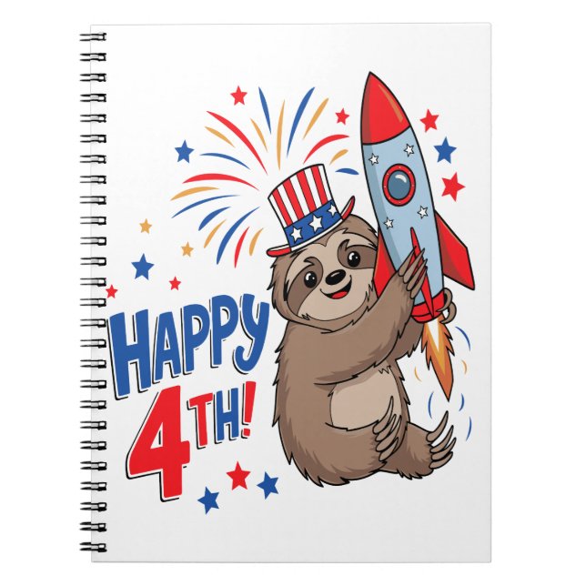 Caderno Espiral Sloth Happy 4th Rocket Fireworks USA (Frente)