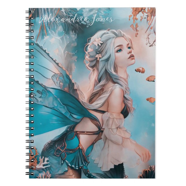 Caderno Espiral Sob O Mar Teal Watercolor Sereia (Frente)