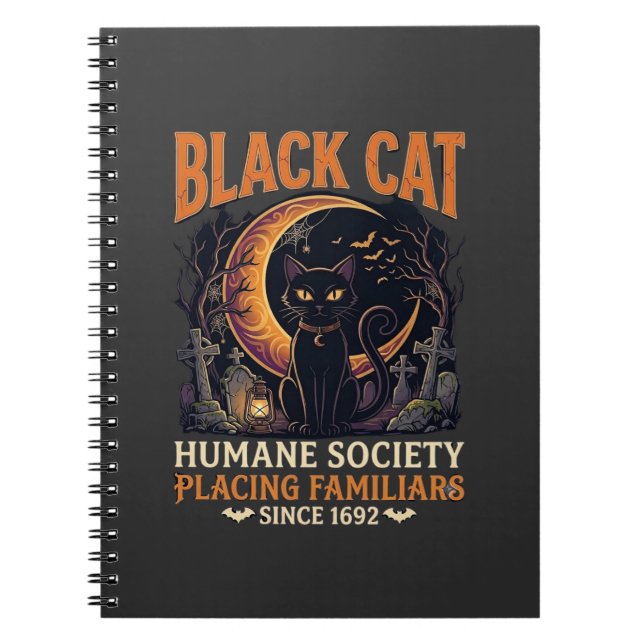 Caderno Espiral Sociedade Humana Black Cat Halloween Crescente Lua (Frente)
