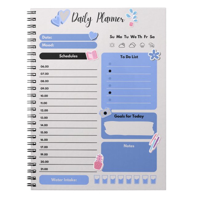 Caderno Espiral Soft Blue Daily Planner with Mood & Water Track (Frente)