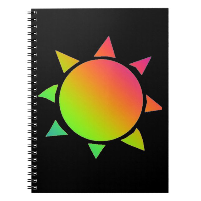 Caderno Espiral Sol arco-íris colorido com fundo preto (Frente)