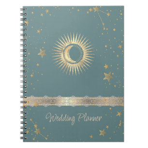 Caderno Espiral Sol Celestial Dourado E Estrelas Luas Mint Verde
