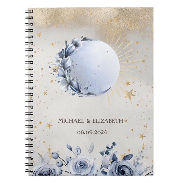 Caderno Espiral Sol Celestial,Flores da Lua Azul,Céu Noturno Estre (Frente)