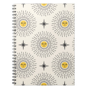 Caderno Espiral Sol com Padrão Celestial de Rosto Sem Costura