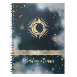 Caderno Espiral Sol Dourado Celestial,Lua,Estrelas Céu Noturno