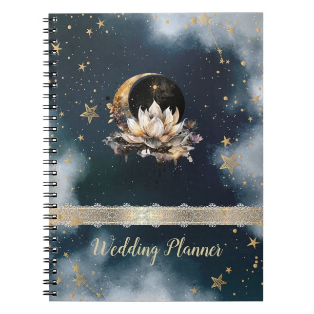 Caderno Espiral Sol Dourado Celestial,Lua,Estrelas Lotus Night Sky (Frente)