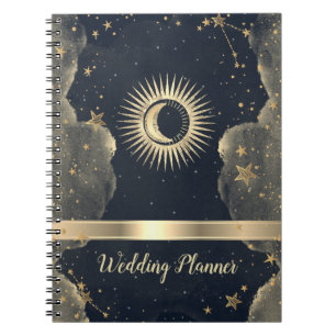 Caderno Espiral Sol Dourado Celestial, Lua, Nuvens Estrelas Céu No