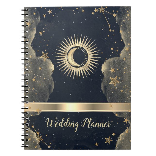 Caderno Espiral Sol Dourado Celestial, Lua, Nuvens Estrelas Céu No (Frente)