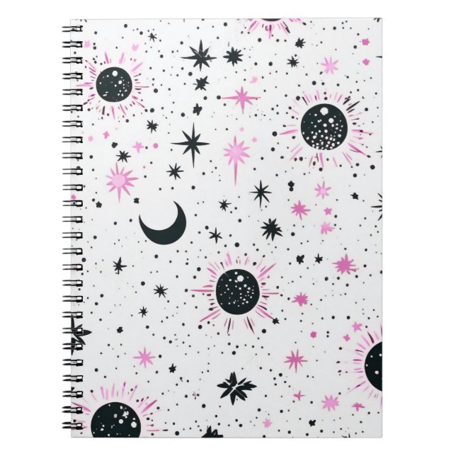 Caderno Espiral Sol Lua Estrelas Celestiais Preto e Rosa (Frente)