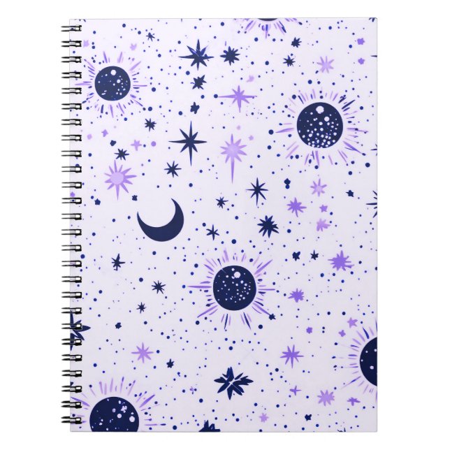 Caderno Espiral Sol Lua Estrelas Celestiais Preto e Roxo (Frente)