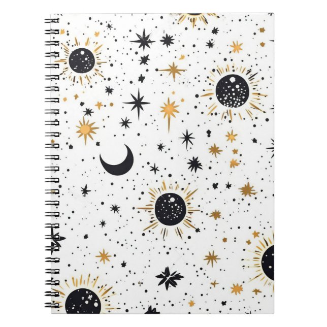 Caderno Espiral Sol Lua Estrelas Preto e Dourado Celestial (Frente)