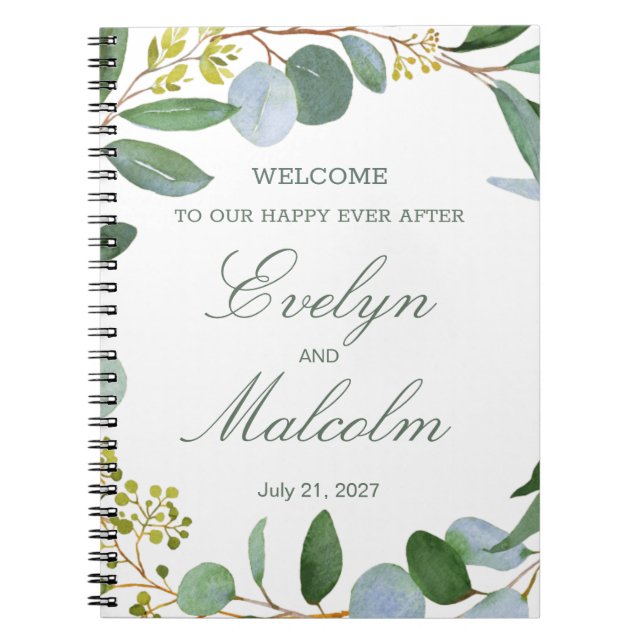 Caderno Espiral Solha de água verde, Casamento de eucalipto (Frente)