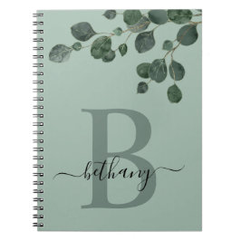 Caderno Espiral Sombras do Monograma Botânico de Eucalipto Verde