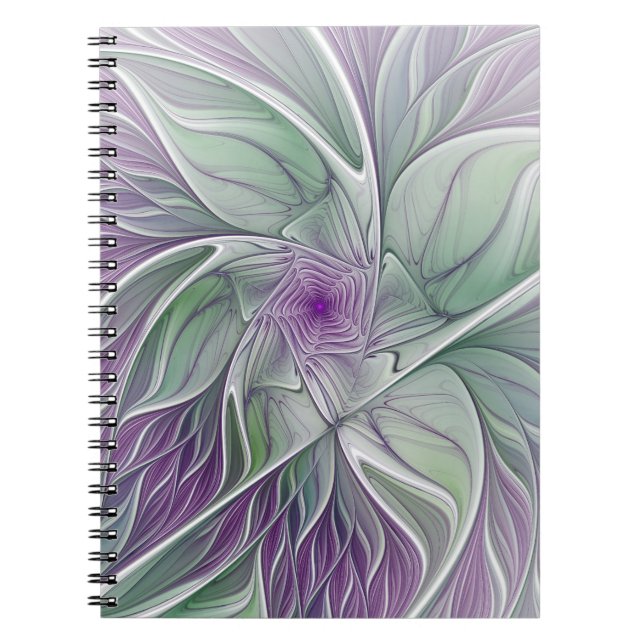 Caderno Espiral Sonho de Flor, Arte Fractal Verde Abstrato púrpura (Frente)