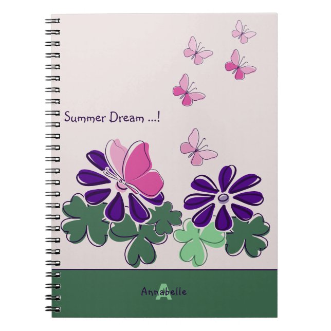 Caderno Espiral Sonho de Verão Borboleta Flor Verde Rosa (Frente)
