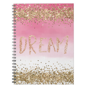Caderno Espiral Sonho Dourado de brilho brilhante cor-de-rosa