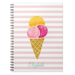 Caderno Espiral Sorvete de Aquarela, faixas rosa