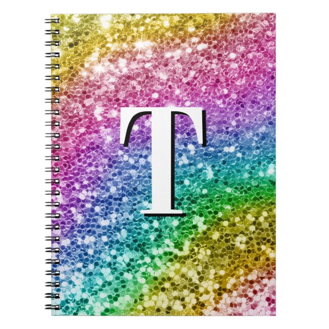 Caderno Espiral Sparkly Girly Rainbow Chunky Glitter Monograma (Frente)