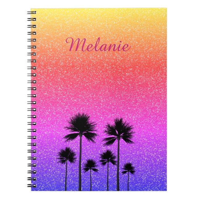 Caderno Espiral Sparkly Palm Trees Gradient Sunset Personalised (Frente)