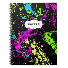 Caderno Espiral Splatter de néon retro fresco da pintura no preto