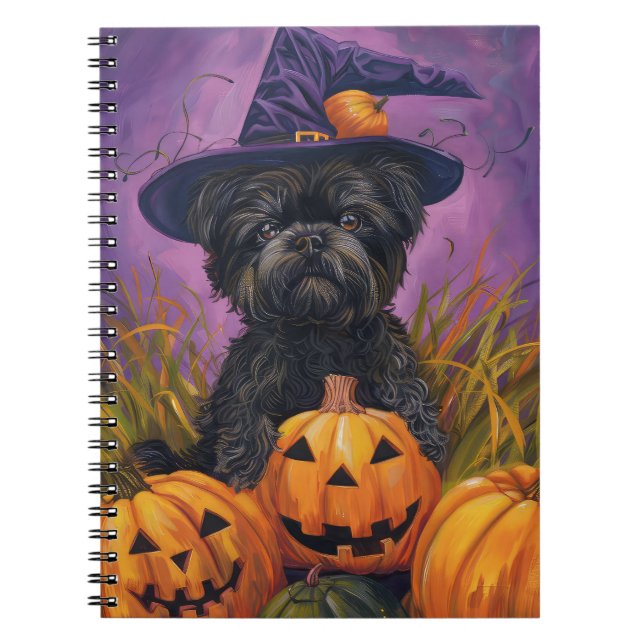 Caderno Espiral Spooky Affenpinscher Halloween Witch e Pumpkin (Frente)