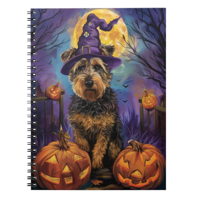 Caderno Espiral Spooky Airedale Halloween Witch e Pumpkin (Frente)