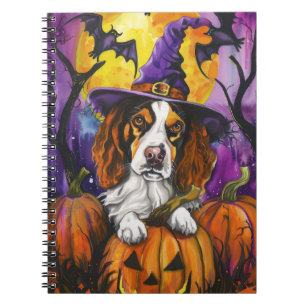 Caderno Espiral Spooky Brittany Spaniel Halloween Witch Pumpkin