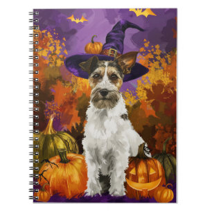 Caderno Espiral Spooky Wirefox Terrier Dog Halloween Witch Pumpkin
