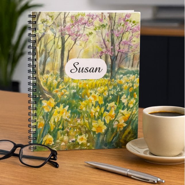 Caderno Espiral Spring Daffodil Meadow Watercolor Notebook (Cheerful Daffodils Blooms Journal Daffodil Forest Art)