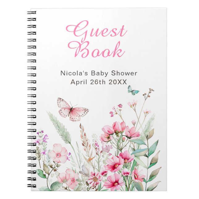 Caderno Espiral Spring Pink Butterfly Floral Baby Shower (Frente)