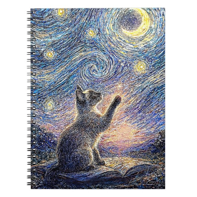 Caderno Espiral Starry Night Cat – Van Gogh Style Art  (Frente)