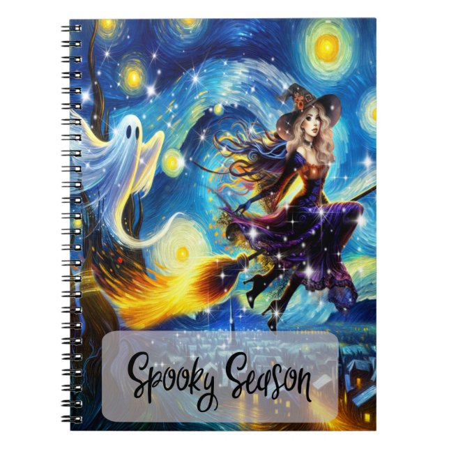 Caderno Espiral Starry Night Witchy Halloween Design (Frente)